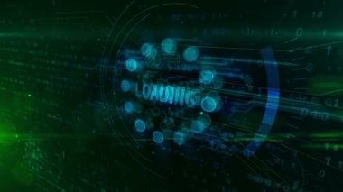 Dinamik dijital arka planda intro hologramı yükleniyor. Yükleme, yükleme, indirme ve bağlantı kavramını bekliyor. Futuristik 3D animasyon.