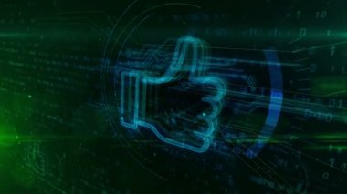 Dinamik dijital arka planda başparmak yukarı işaret hologram. El sembolü, başarı, onaylama, ok ve sosyal medya işareti gibi. Futuristik 3D animasyon.