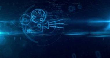 Dijital arka planda Retro Film projektör hologram. TV yayıncılığı, oyuncu, sinema, 5g, film streaming ve internet iletim Soyut 3D kavramı. Tünel tarzı kesintisiz ve döngü mümkün animasyon.