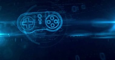 Dijital arka planda Retro gamepad denetleyici hologram. Oyun, oyun, Pad, 5g cihaz ve online oyun soyut kavramı. Tünel tarzı loopable ve Dikişsiz 3D animasyon.