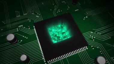 Arka planda çalışan CPU üzerinde asma kilit hologram ile siber güvenlik kavramı. futuristik devre kartı üzerinde 3D uçuş. Dijital koruma, siber, güvenlik duvarı ve bilgisayar güvenliği Soyut animasyon.