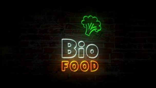 Біологічна Їжа Неоновий Символ Цегляній Стіні Лампочки Вегетаріанським Рестораном Корротом — стокове відео