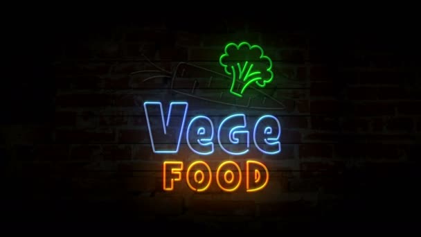 Vege Mat Neon Symbol Tegelvägg Glödlampor Med Vegetarisk Restaurang Corrot — Stockvideo