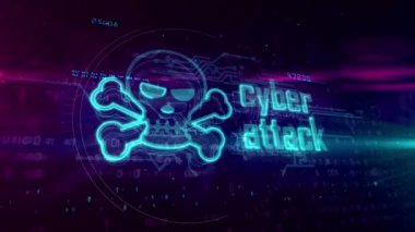 Siber saldırı hologram dijital arka plan üzerinde. Tehlike uyarı, tehdit, enfeksiyonun ve uyarı soyut kavram kafatası sembolü ile. Fütüristik 3d animasyon.