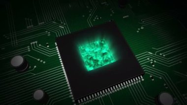 Yapay zeka, makine öğrenimi ve sibernetik beyin kavramı ile ai kafa hologramı arka planda çalışan işlemci üzerinde. Devre kartı üzerinden 3d uçuş.