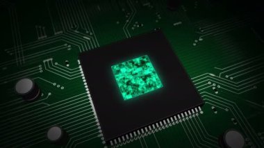 Iot - arka planda çalışan işlemci üzerinde semboller hologram nesnelerin interneti. Devre kartı üzerinden 3d uçuş.