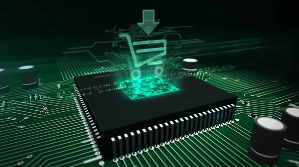 CPU aan boord met winkelwagentje hologram — Stockfoto