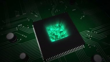 Arka planda çalışan işlemci üzerinde çalışan büyük veri analiz ve dijital hesaplama sembolü hologramı. Devre kartının üzerinde 3B uçuş.