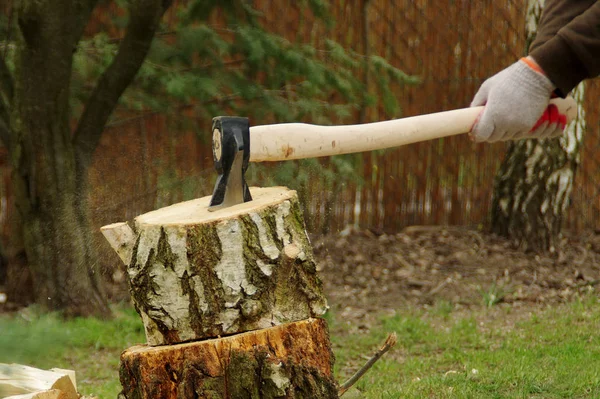 Holz hacken mit der Axt — Stockfoto