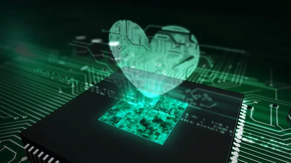 CPU na pokładzie z hologramem serca — Zdjęcie stockowe
