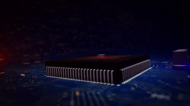 Arka planda çalışan işlemci üzerinde kafatası hologramı ile siber güvenlik kavramı. Suç, dijital korsanlık, bilgisayar saldırısı sembolü animasyonu. İşlemci ile fütüristik devre kartı üzerinde 3d uçuş.