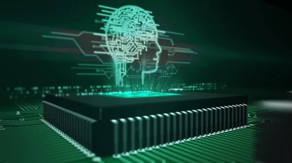 CPU na pokładzie z hologramem AI głowy — Zdjęcie stockowe