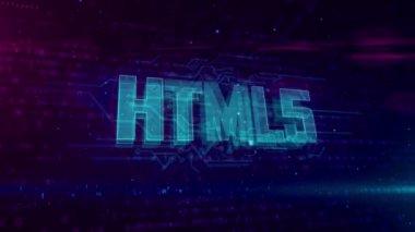 Dinamik dijital arka planda Html5 parlayan hologram intro. Modern ve fütüristik 3d kodlama, yazılım ve programlama kavramı döngülü ve sorunsuz 4k animasyon.