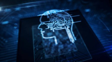 Ai baş sembolü hologram ekranlı gemide cpu