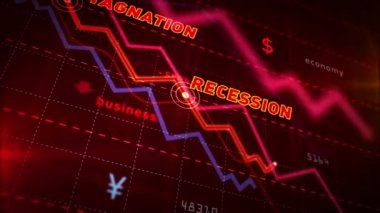 Hisse senedi piyasaları dinamik kırmızı arka plan üzerinde dinamik grafik aşağı. Durgunluk kavramı, durgunluk, kriz, iş çöküşü ve ekonomik çöküş. Düşüş eğilimi 3d animasyon.