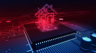 Arka planda işlemci üzerinde ev hologramı ile akıllı ev kontrol konsepti. Devre kartı 3d illüstrasyon. Iot, akıllı bina ve nesnelerin interneti fütüristik animasyon.