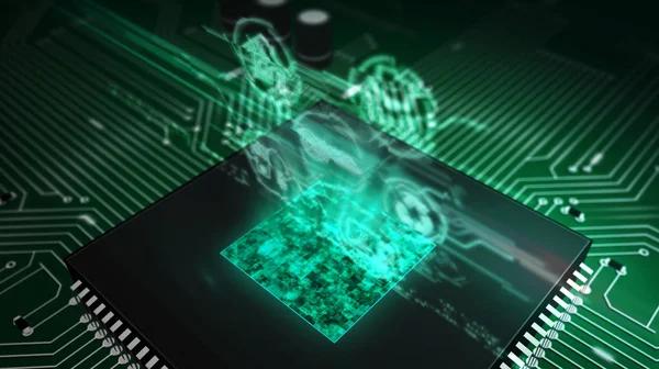CPU na pokładzie z symbolami IoT hologram — Zdjęcie stockowe