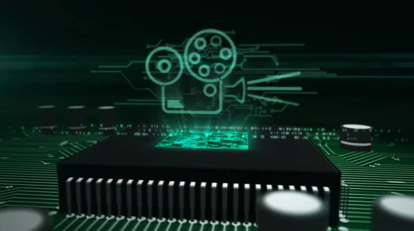 Procesor na płycie z hologramem z symbolem projektora — Zdjęcie stockowe