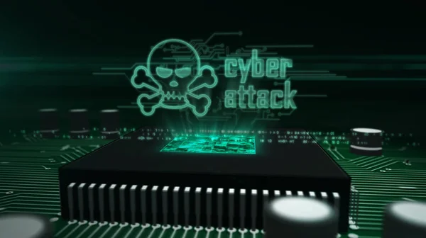 CPU a bordo con ataque cibernético y holograma craneal — Foto de Stock