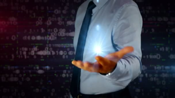 Man Symbol Hologram Hand Businessman Showing Futuristic Concept Wireless Communication — Stock Video