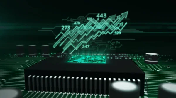 CPU na pokładzie z hologramem wykresu giełdowego — Zdjęcie stockowe