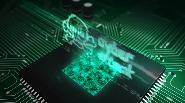 CPU ombord med cyberattack och dödskalle hologram — Stockfoto