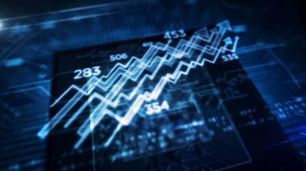 CPU a bordo com exibição de holograma de símbolo de gráfico de estoque — Fotografia de Stock