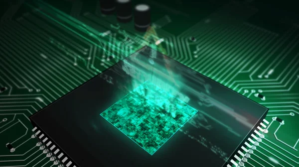 CPU aan boord met beveiligingswaarschuwing hologram — Stockfoto