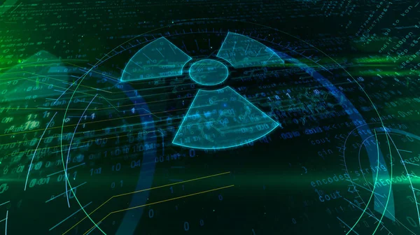 Guerra cibernetica con ologramma a simbolo nucleare — Foto Stock