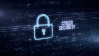 Siber güvenlik ve asma kilit sembolü mavi hologram 3d animasyon. Dijital arka planda dijital koruma, güvenlik duvarı ve bilgisayar güvenliği gibi fütüristik konsept.