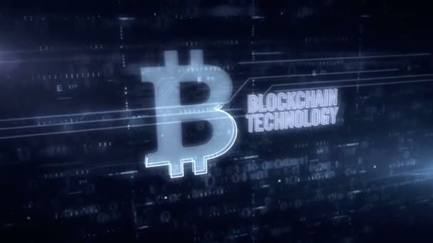 Blockchain Technologie Und Bitcoin Symbol Blaues Hologramm Animation Futuristisches Konzept — Stockvideo