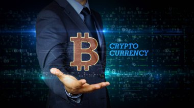 Bitcoin hologramlı işadamı dokunmatik ekranı