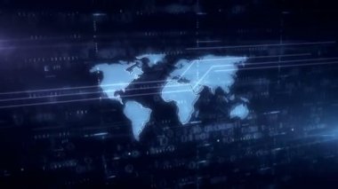 Dünya sembolü mavi hologram 3d animasyon ile siber güvenlik. Küresel iş fütüristik kavramı, dünya çapında net, küreselleşme, dijital arka plan üzerinde uluslararası iletişim ve sosyal medya.