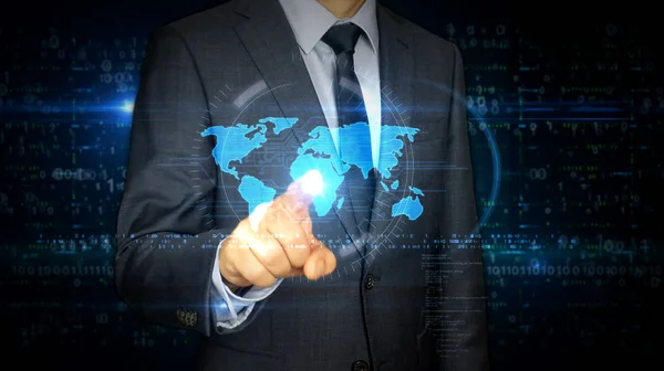 Pantalla táctil de hombre de negocios con holograma mundial —  Fotos de Stock