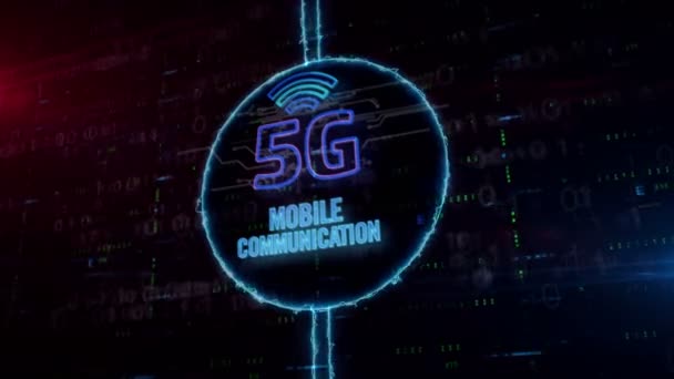 デジタル背景上のダイナミックな電気円の5Gシンボルホログラム モバイル無線ネットワーク 通信技術 データ送信 モノのインターネットの現代的な概念 — ストック動画