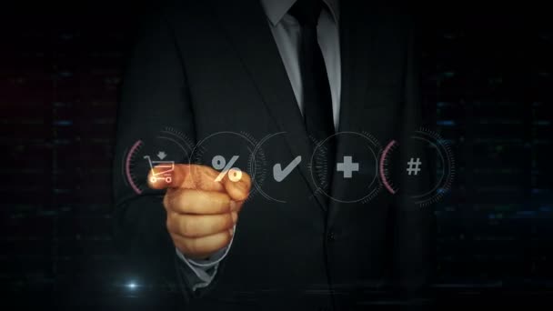 Бізнесмен Костюмі Торкається Екрана Візковою Голограмою Людина Використовує Руку Віртуальному — стокове відео