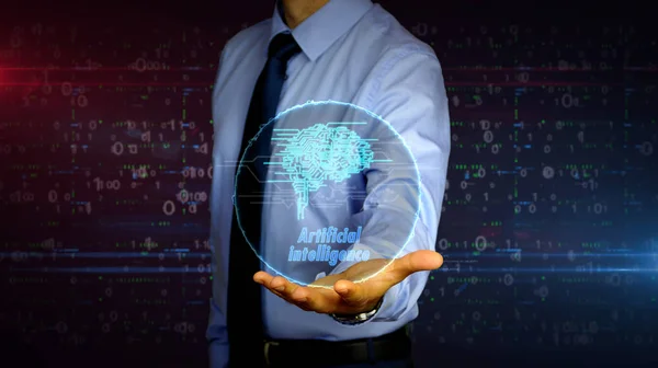 Hombre de negocios con el símbolo cibernético del cerebro holograma —  Fotos de Stock