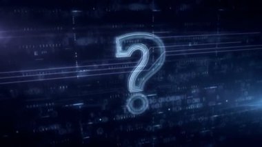 Soru işareti sembolü sembolü hologram 3d animasyon. Dijital arka planda modern bilgi, bilgi, sss, arama ve eğitim kavramı.