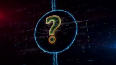 Dijital arka plan üzerinde dinamik elektrik çemberinde soru işareti sembolü sembolü hologramı. Işık ve aksaklık etkisi ile modern bilgi, bilgi, sss, arama, yardım ve eğitim kavramı.