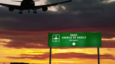 Paris CDG, Charles de Gaulle, Fransa 'da uçak silüeti iniş. Şehir geliş Havaalanı yönünde tabela ve gün batımı arka planda. Seyahat ve ulaşım konsepti 3D animasyon.