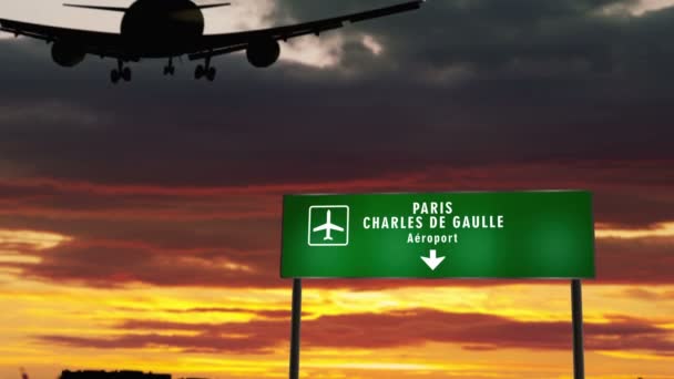 パリCdg シャルル ゴール フランスに着陸する飛行機のシルエット 空港方向の看板と夕日を背景にした都市到着 旅行と交通コンセプト3Dアニメーション — ストック動画