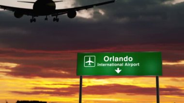 Orlando, Florida, ABD 'de uçak silüeti iniş. Şehir geliş Havaalanı yönünde tabela ve gün batımı arka planda. Seyahat ve ulaşım konsepti 3D animasyon.