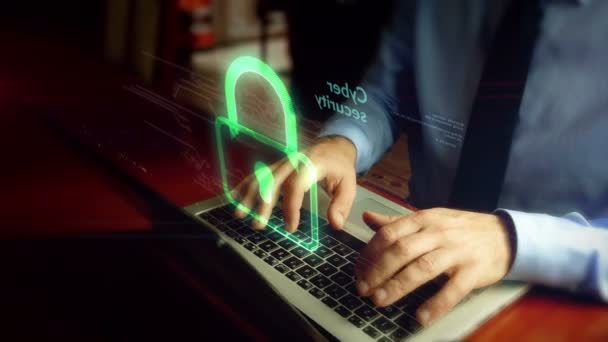 Homem Digitando Laptop Com Tela Holograma Cadeado Sobre Teclado Cibersegurança — Vídeo de Stock