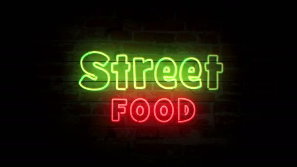 Street Food Neon Symbool Bakstenen Muur Gloeilampen Loop Bare Naadloze — Stockvideo