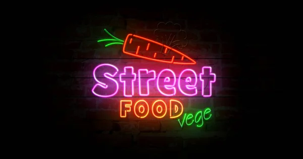 Street food vege neon on brick wall — Stock Photo, Image
