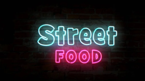 Street food neon on brick wall — Stock Photo, Image