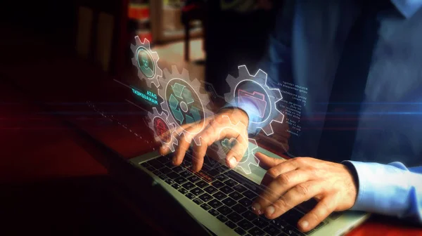 Hombre escribiendo en el teclado con holograma de gestión de datos —  Fotos de Stock