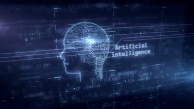 Yapay zeka sembolü hologram 3d animasyon. Mavi dijital arka plan üzerinde derin öğrenme, sibernetik beyin ve siber zihin teknolojisi modern kavramı.