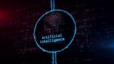 Dijital arka planda dinamik elektrik çemberinde yapay zeka hologramı. Işık ve aksaklık etkisi ile sibernetik beyin, derin öğrenme ve siber zihin teknolojisi modern kavramı.