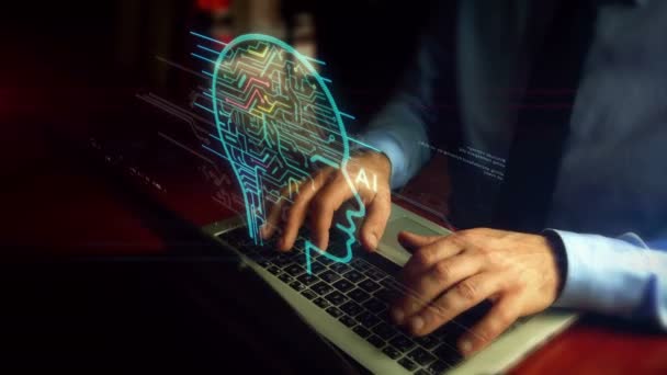 Człowiek Wpisując Laptopie Sztuczną Inteligencją Hologram Ekranu Nad Klawiaturą Cybernetyczny — Wideo stockowe